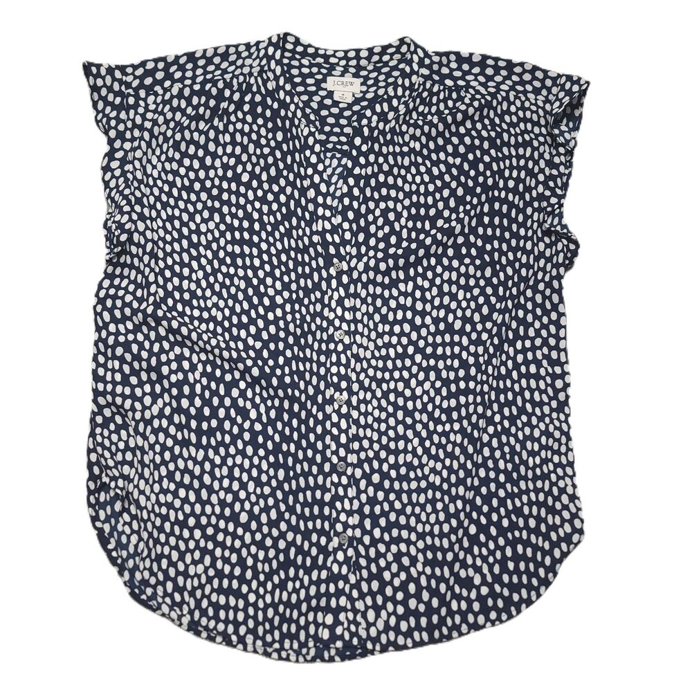 J Crew Button Up Camp Shirt Size M Blue White Polka Dot Sleeveless Blouse - Picture 8 of 9